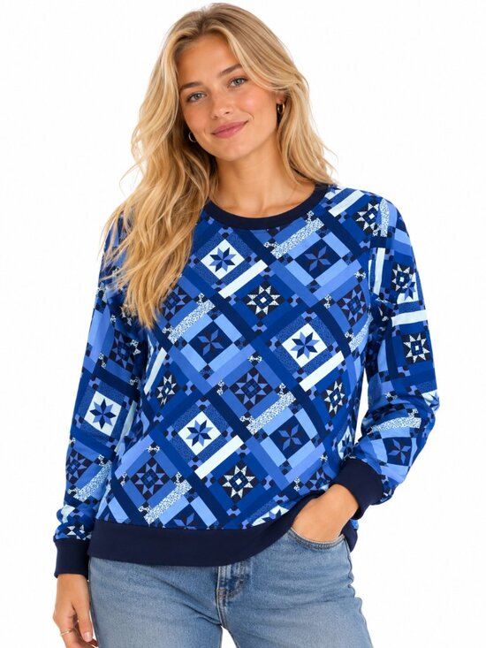 Lands' End Tops - Lands End Blue Geometric Patchwork Serious Sweats Crewneck L